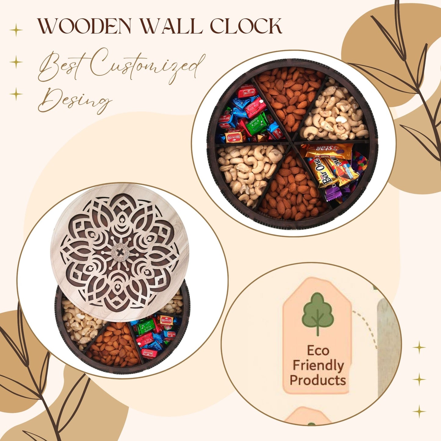 Elegant Round Wooden Dry Fruit Box with Floral Laser-Cut Lid