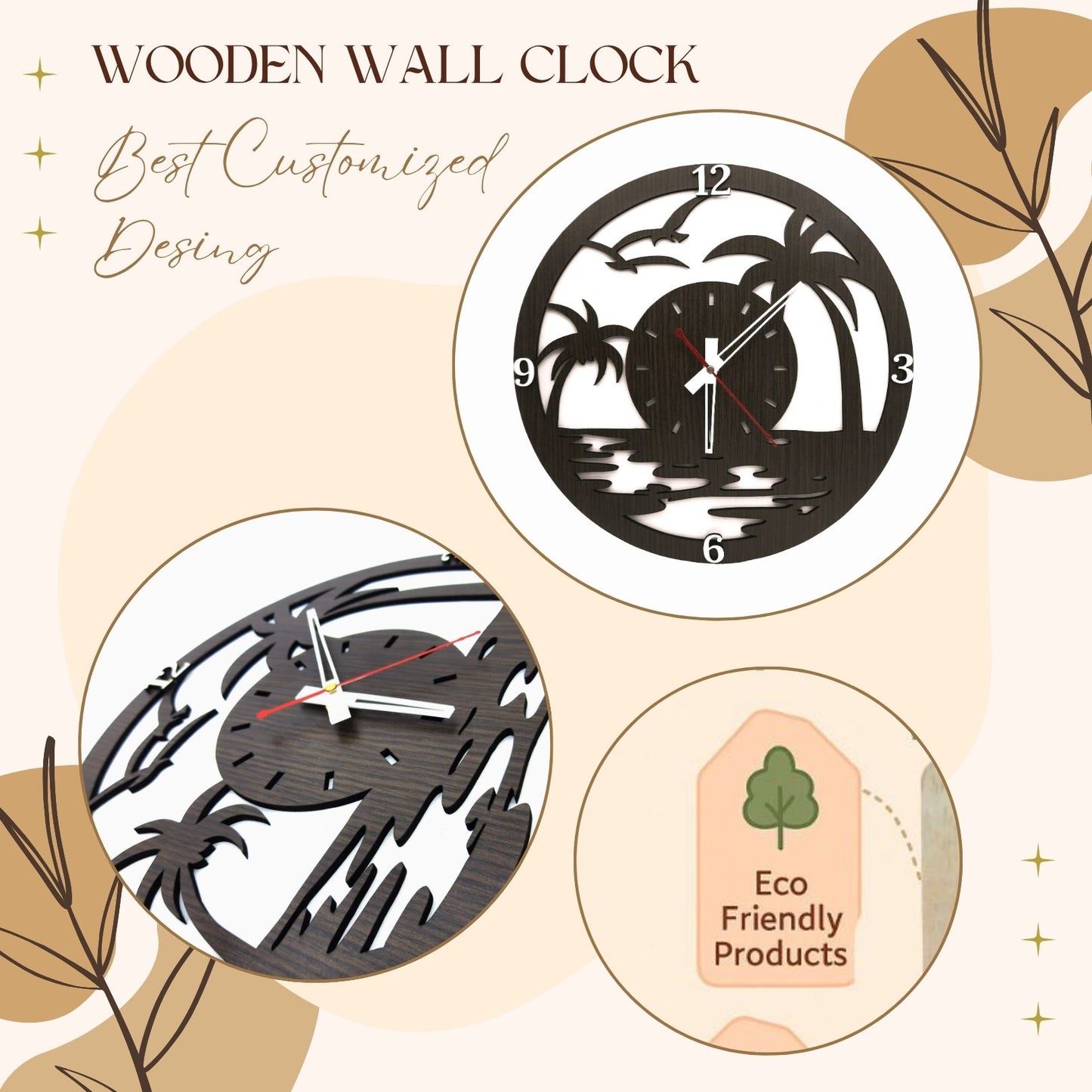 Wooden Palm Beach Theme Wall Clock – Artistic Cutout Design