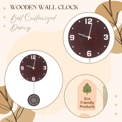 Elegant Wooden Wall Clock with Designer Pendulum – Dark Finish