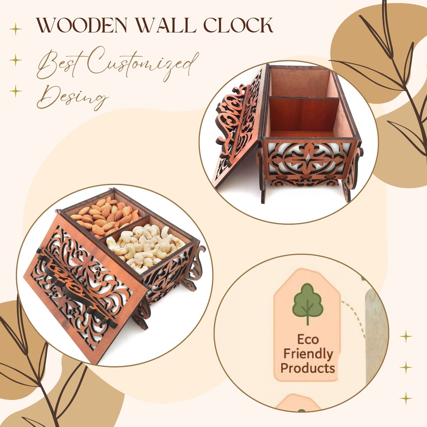 Elegant Wooden Dry Fruit Box with Decorative Laser-Cut Lid & Handle