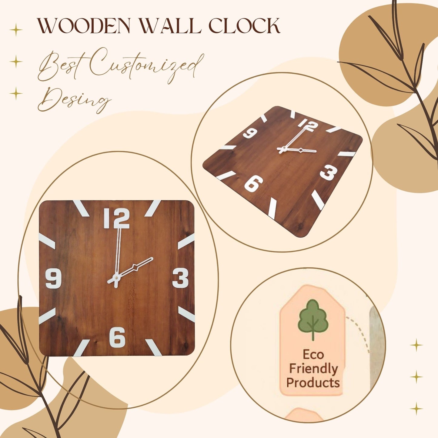 Square Wooden Wall Clock with Bold White Numbers