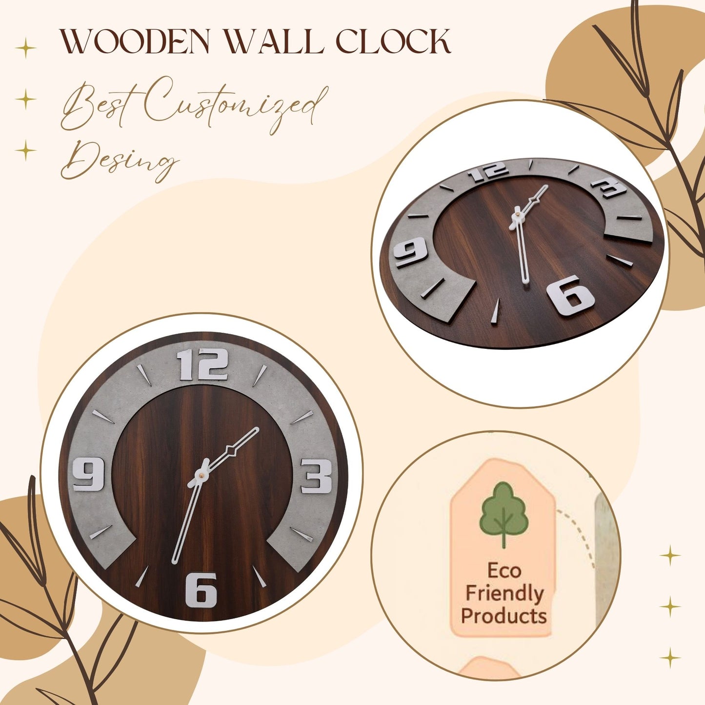 Round Wooden Wall Clock with Dual Tone Concrete Finish – Elegant Modern Décor