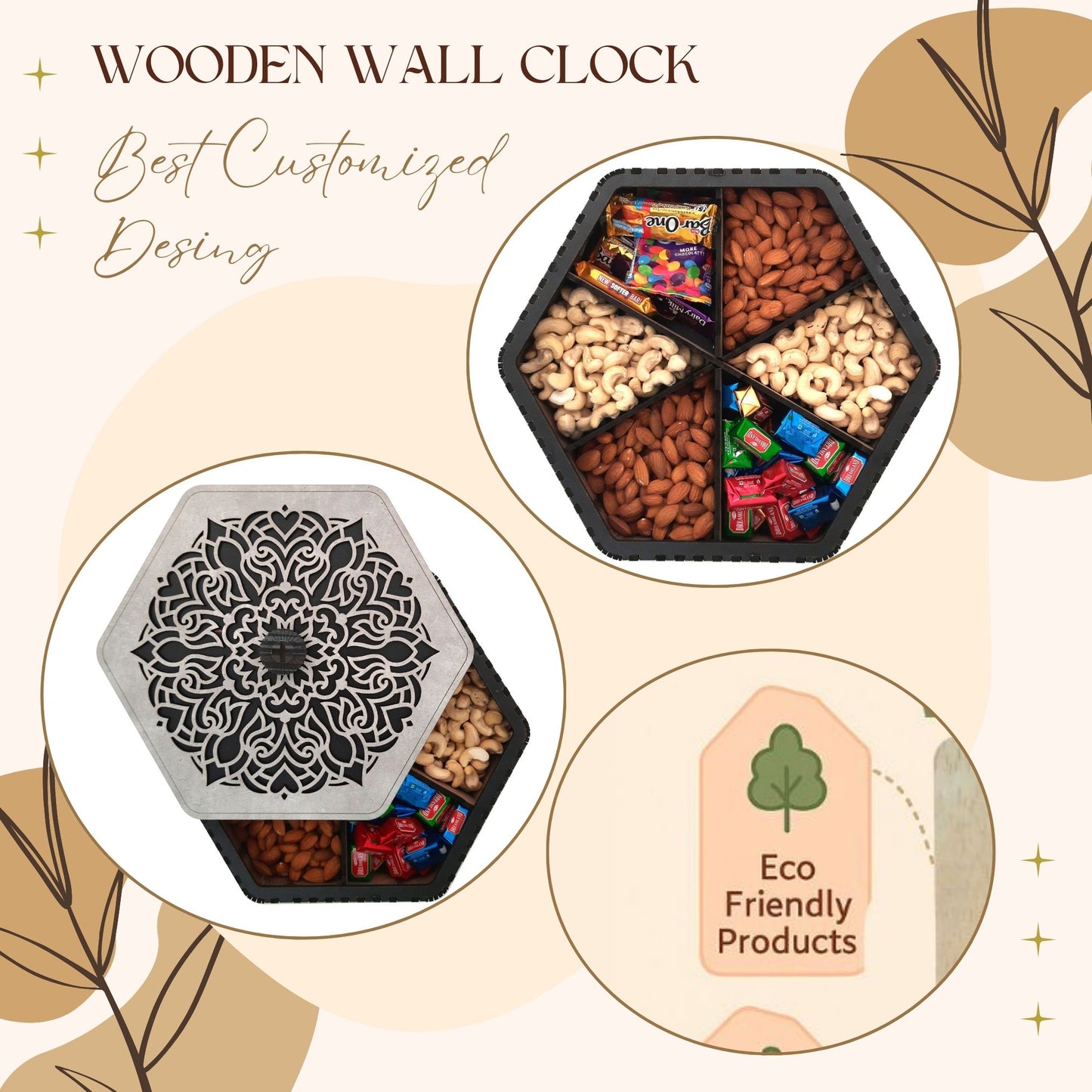 Hexagon Wooden Dry Fruit Box with Designer Laser-Cut Lid