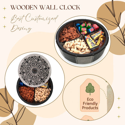 Round MDF Wooden Dry Fruit Box with Floral Laser-Cut Lid