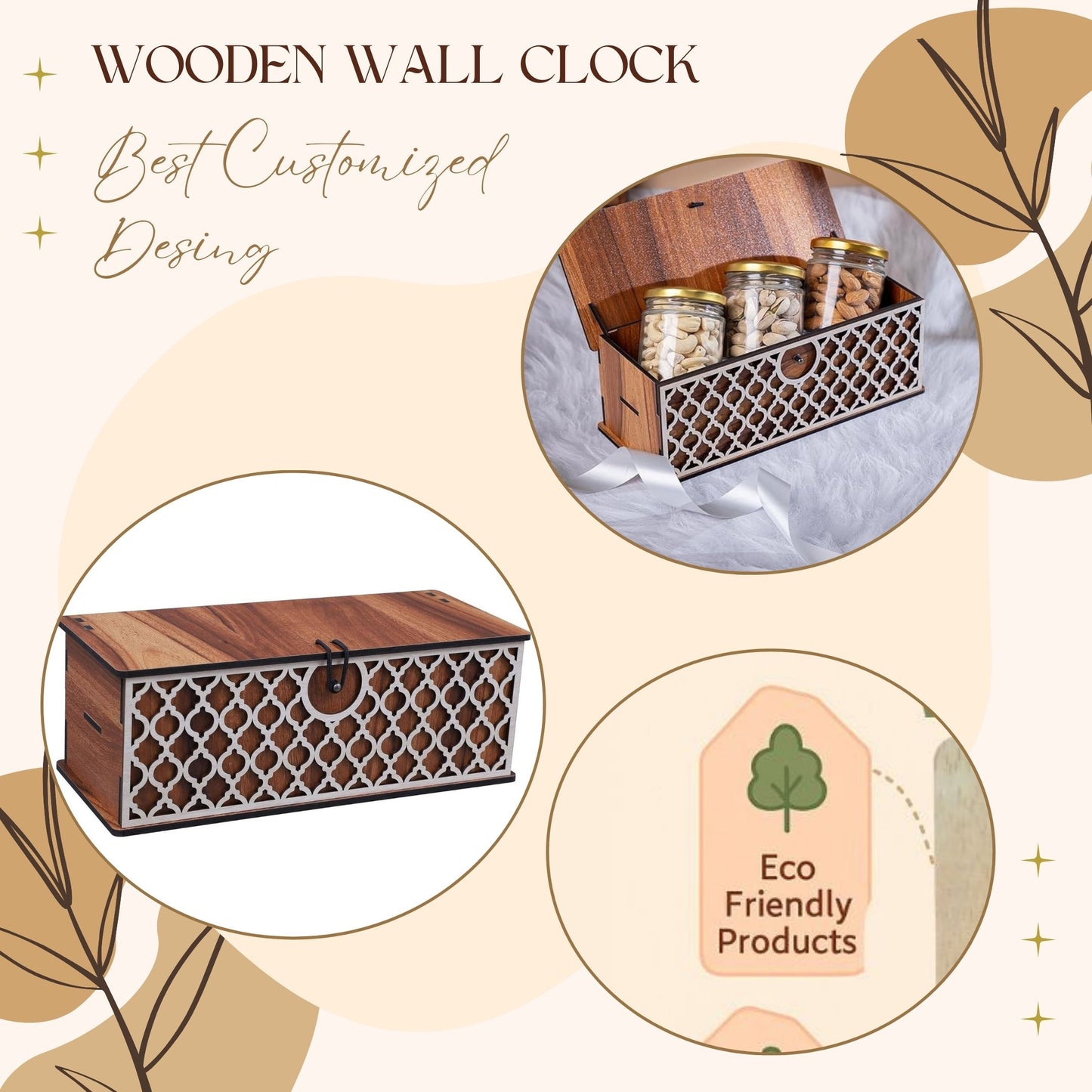 Wooden Decorative Storage Box – Long Rectangular Jar/Utility Organizer with Laser-Cut Front