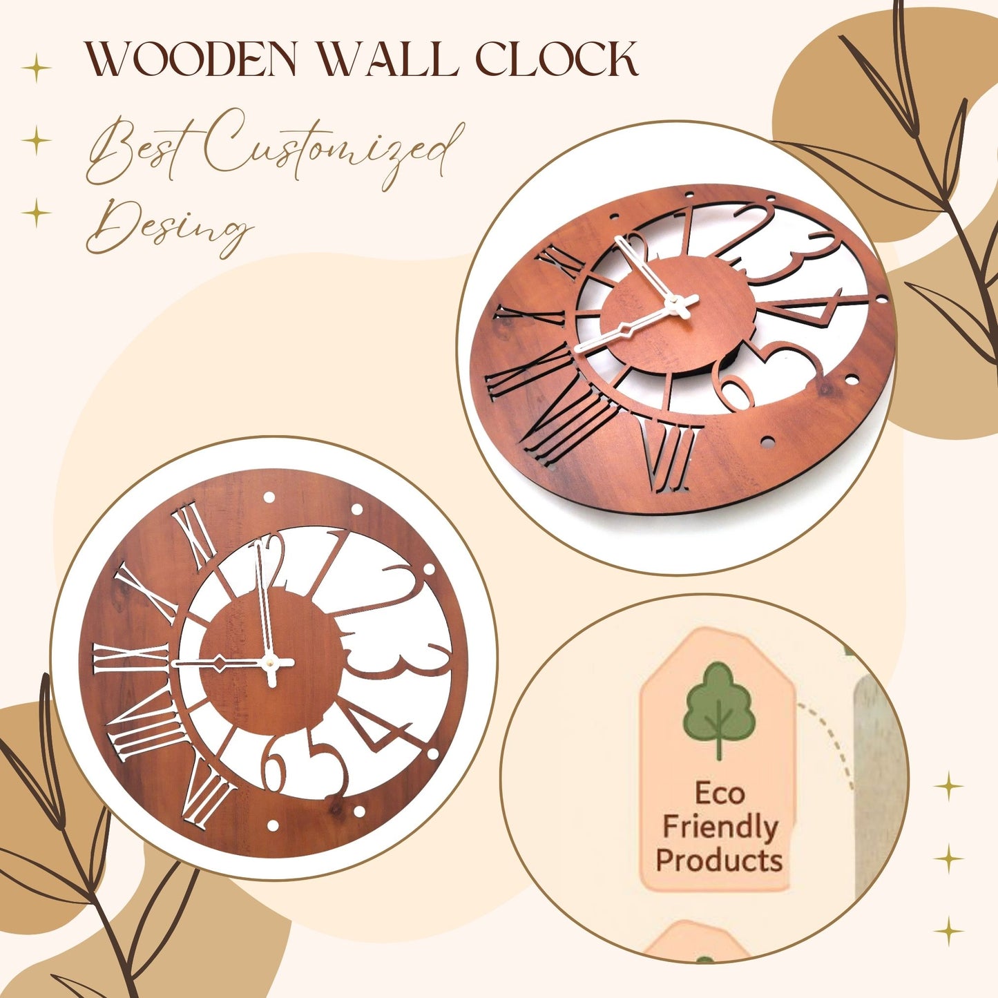 Wood Heart Dual-Dial Fusion Wall Clock – Roman & Modern Cutout Design