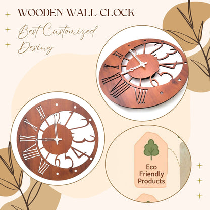 Wood Heart Dual-Dial Fusion Wall Clock – Roman & Modern Cutout Design
