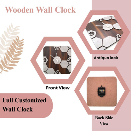 Square Hexa Pattern Wooden Wall Clock – Cement Texture Design by Wood Heart