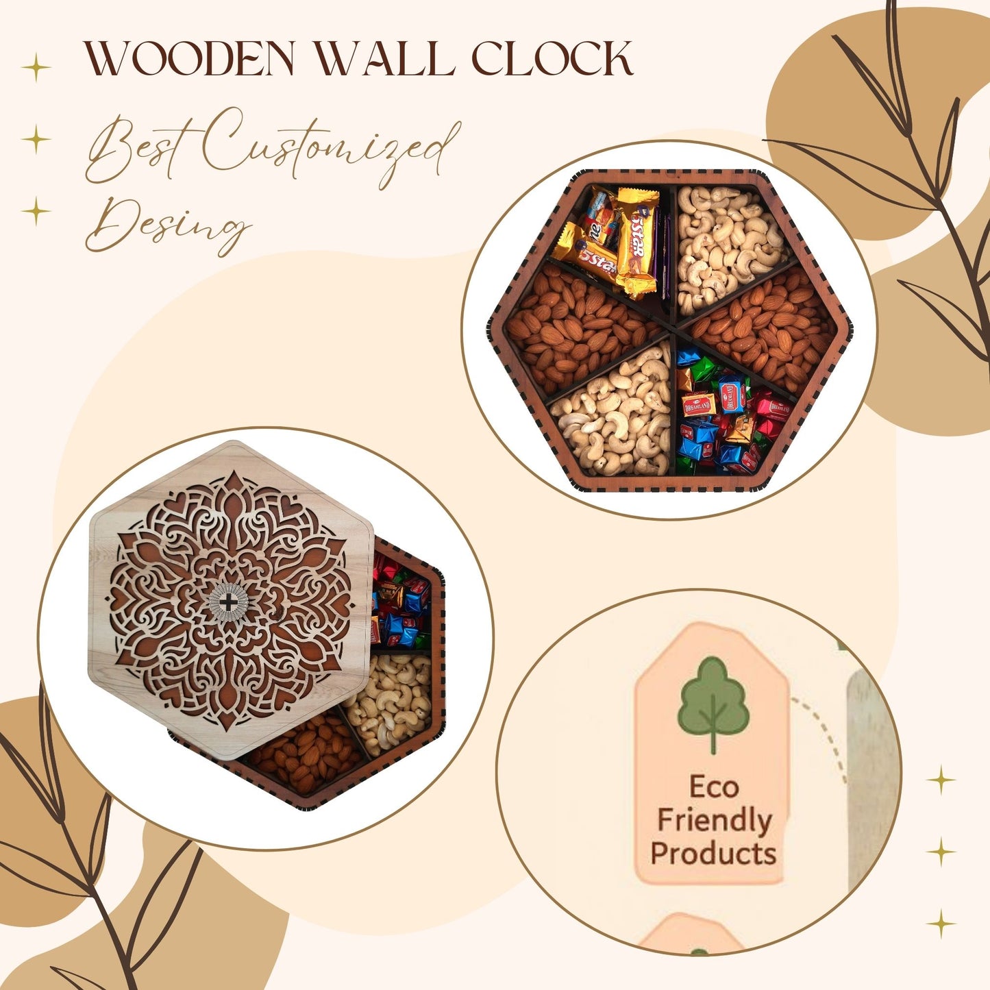 Hexagon Wooden Dry Fruit Gift Box with Elegant Mandala Laser-Cut Lid