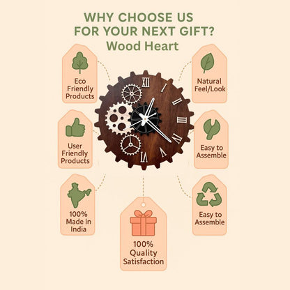 Wood Heart Gear-Themed Designer Wall Clock – Steampunk Style with Roman Numerals