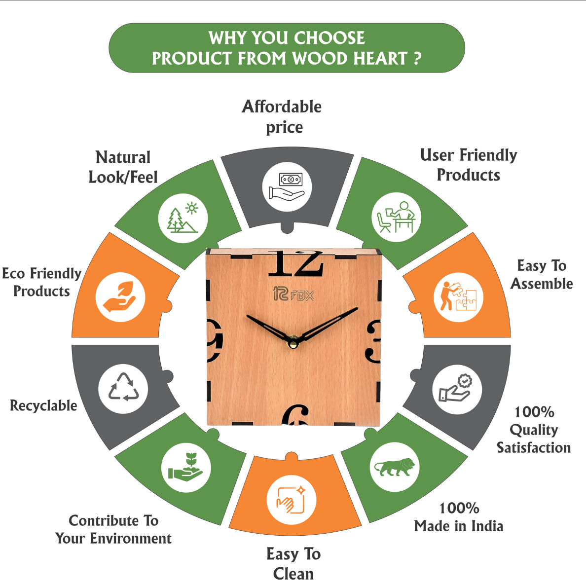 Wood Heart Minimalist Square Wooden Wall Clock – Elegant Light Wood Finish