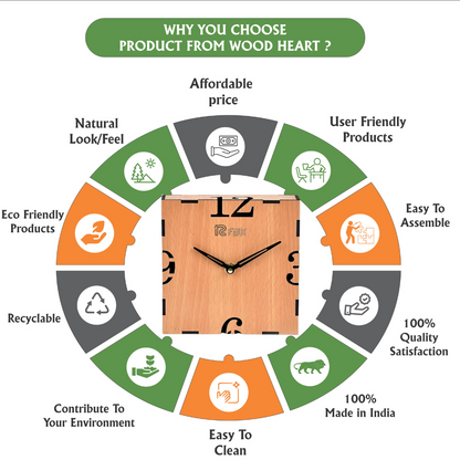 Wood Heart Minimalist Square Wooden Wall Clock – Elegant Light Wood Finish