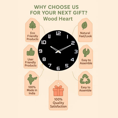Wood Heart Classic Black Round Wall Clock – Bold & Minimalistic Look