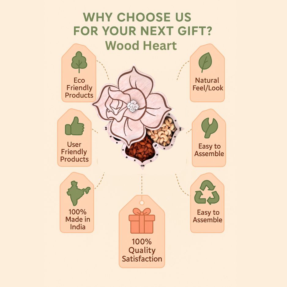 Rose-Themed Wooden Dry Fruit Box with Artistic Petal Lid