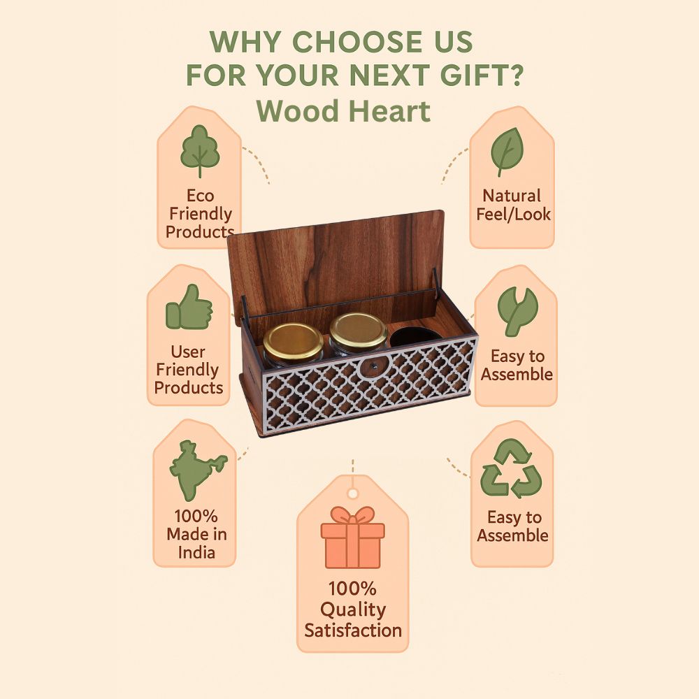 Wooden Decorative Storage Box – Long Rectangular Jar/Utility Organizer with Laser-Cut Front