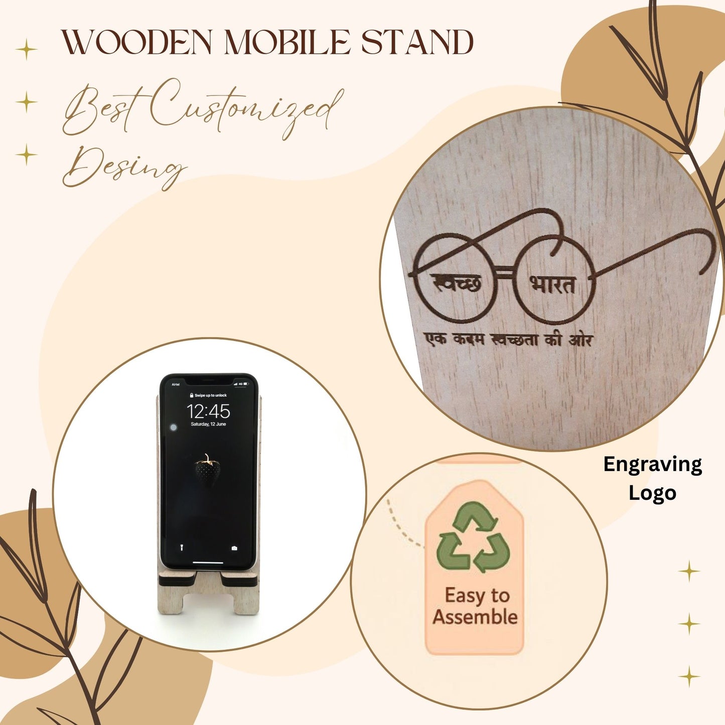 Wooden Mobile Stand with “Swachh Bharat” Engraving | Desk Phone Holder