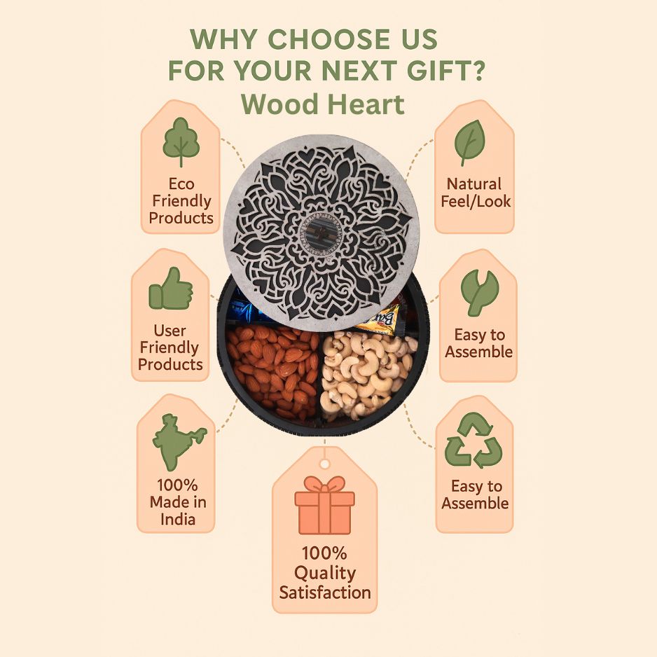 Round MDF Wooden Dry Fruit Box with Floral Laser-Cut Lid