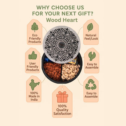 Round MDF Wooden Dry Fruit Box with Floral Laser-Cut Lid