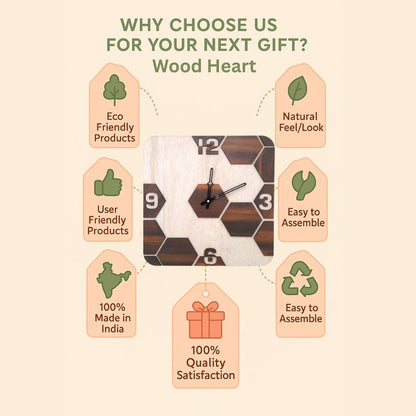 Square Dual-Tone Hexa Design Wooden Wall Clock – Light & Dark Wood Finish by Wood Heart