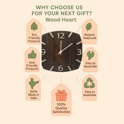 Curved Square Wooden Wall Clock with 3D Numerals