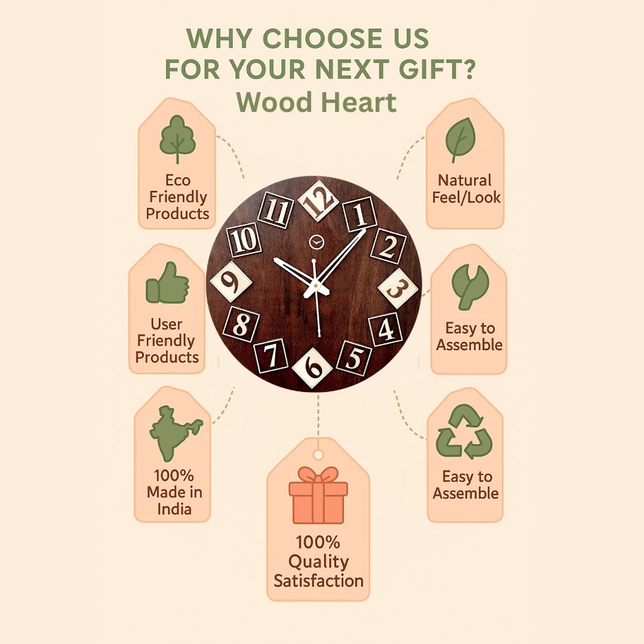 Wood Heart Artistic Numeric Wooden Wall Clock – Quirky Tilted Number Design