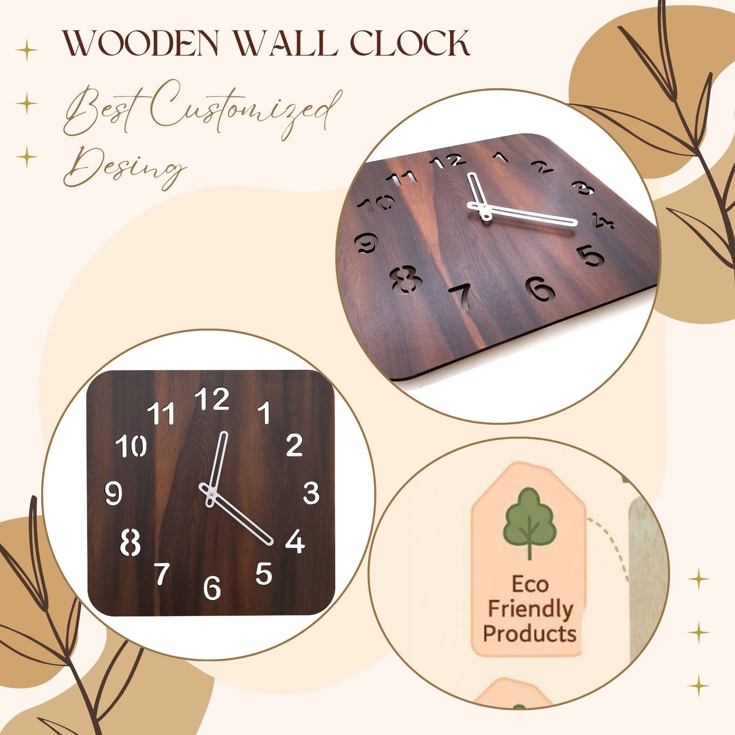 Wood Heart Premium Square Wooden Wall Clock – Elegant Dark Walnut Finish