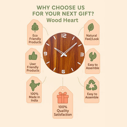 Wood Heart Elegant Wooden Finish Round Wall Clock – Minimalist Modern Design
