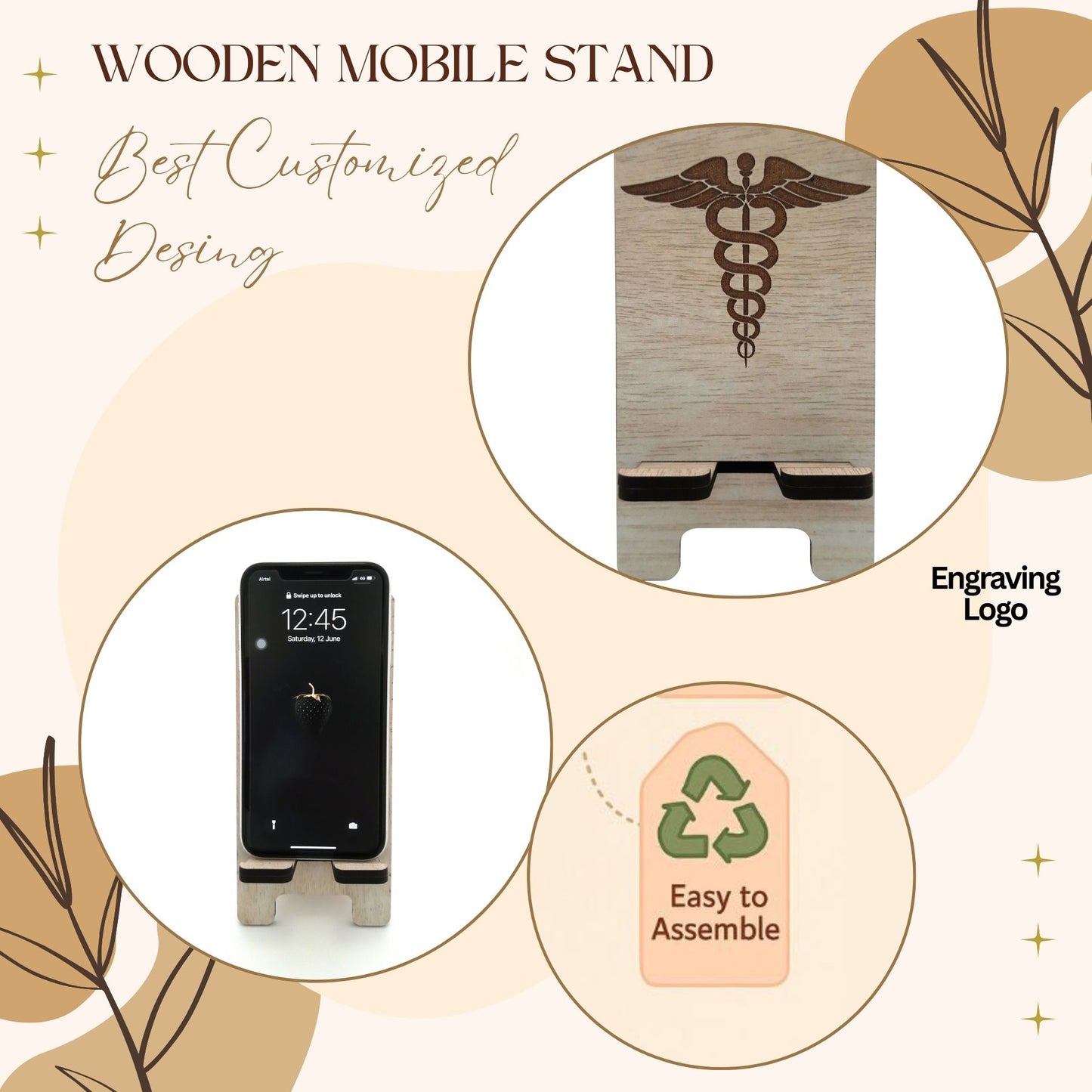 Wooden Mobile Stand with Medical Symbol Engraving | Doctor's Desk Phone Holder