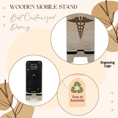 Wooden Mobile Stand with Medical Symbol Engraving | Doctor's Desk Phone Holder