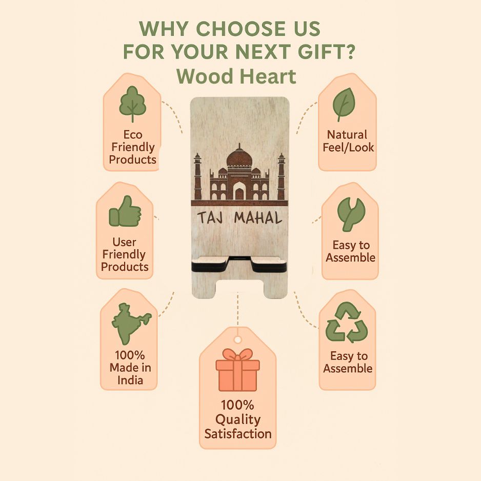 Elegant Taj Mahel  Design Wooden Mobile Stand – Laser Engraved Floral Pattern