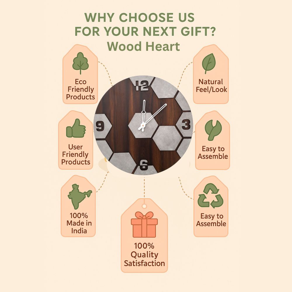 Hexagon Pattern Wooden Wall Clock – Modern Concrete Look by Wood Heart