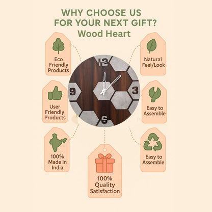 Hexagon Pattern Wooden Wall Clock – Modern Concrete Look by Wood Heart