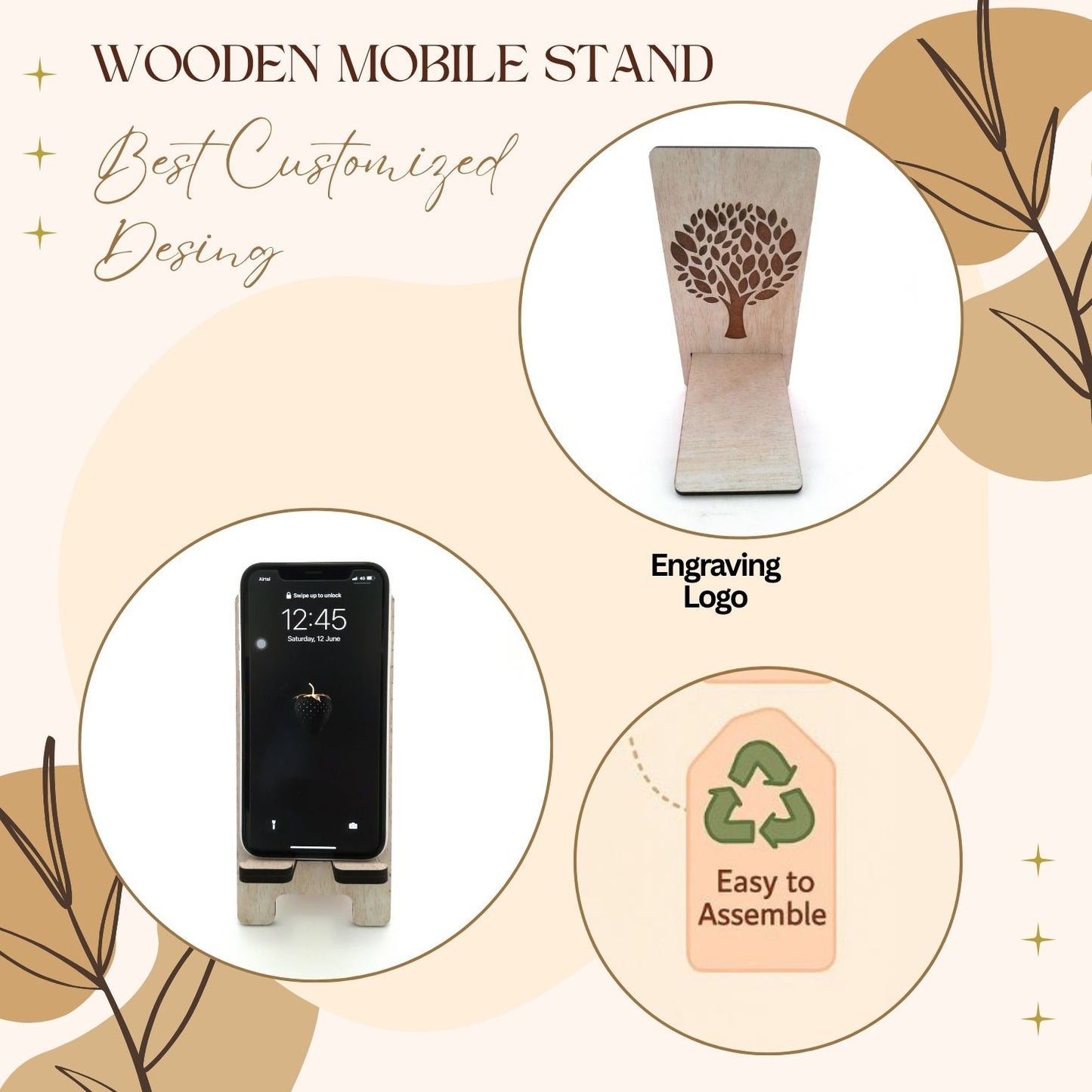 Eco-Themed Customized Wooden Mobile Stand – Tree Design Laser Engraved