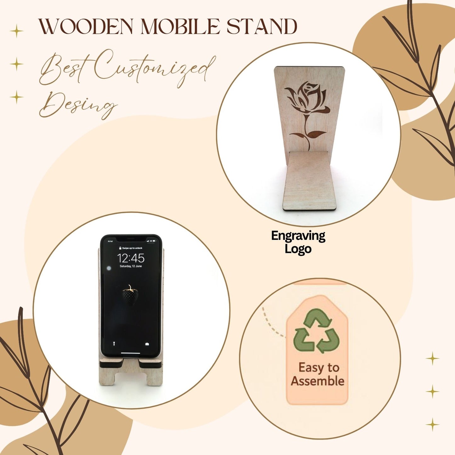 Elegant Rose Design Wooden Mobile Stand – Laser Engraved Floral Pattern