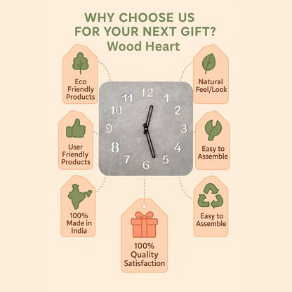 Wood Heart Modern Grey Concrete-Finish Square Wall Clock – Minimalist Décor Accent