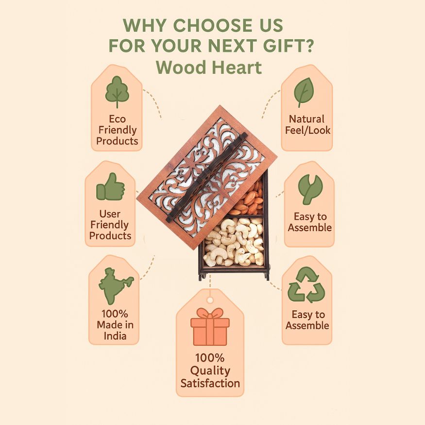 Elegant Wooden Dry Fruit Box with Decorative Laser-Cut Lid & Handle