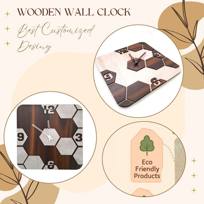 Square Hexa Pattern Wooden Wall Clock – Cement Texture Design by Wood Heart