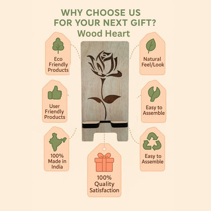 Elegant Rose Design Wooden Mobile Stand – Laser Engraved Floral Pattern