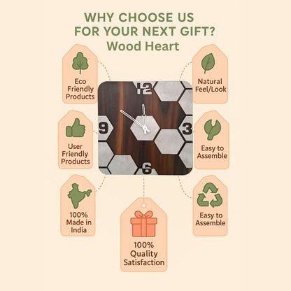 Square Hexa Pattern Wooden Wall Clock – Cement Texture Design by Wood Heart