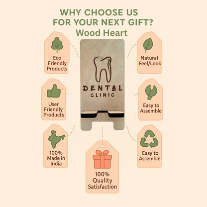 Wooden Mobile Stand with Dental Clinic Engraving – Tooth Design Holder