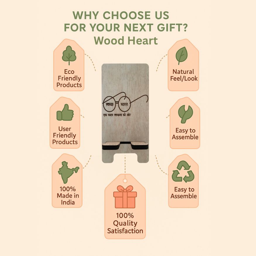 Wooden Mobile Stand with “Swachh Bharat” Engraving | Desk Phone Holder