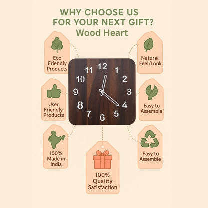 Wood Heart Premium Square Wooden Wall Clock – Elegant Dark Walnut Finish