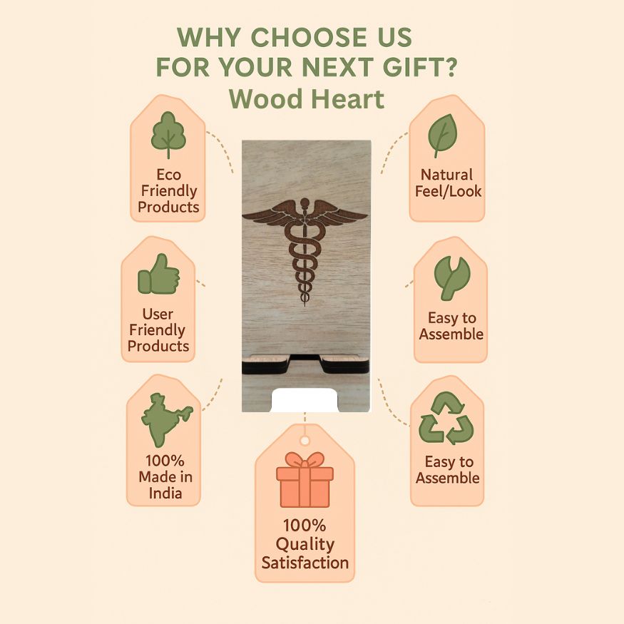 Wooden Mobile Stand with Medical Symbol Engraving | Doctor's Desk Phone Holder