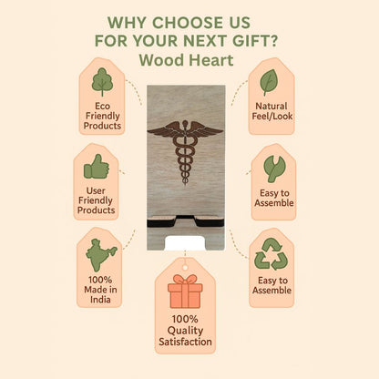 Wooden Mobile Stand with Medical Symbol Engraving | Doctor's Desk Phone Holder