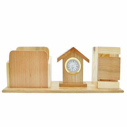 WoodHaven Desk Organizer with Clock & Pen Holder