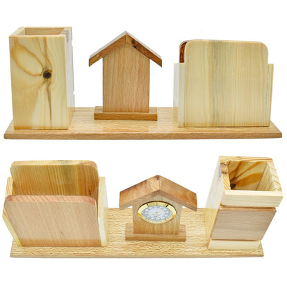 WoodHaven Desk Organizer with Clock & Pen Holder