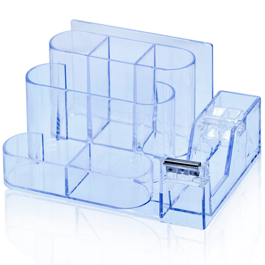 Multi-Compartment Transparent Desk Organizer with Tape Dispenser