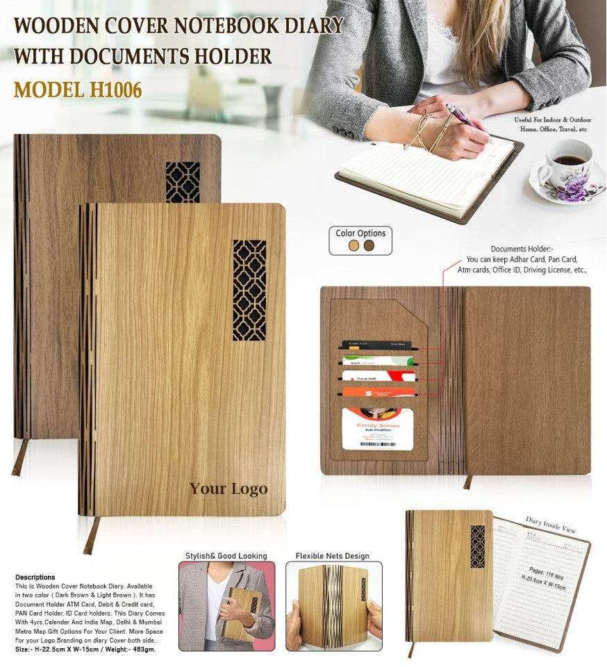Premium Wooden Cover Notebook Diary with Document Holder