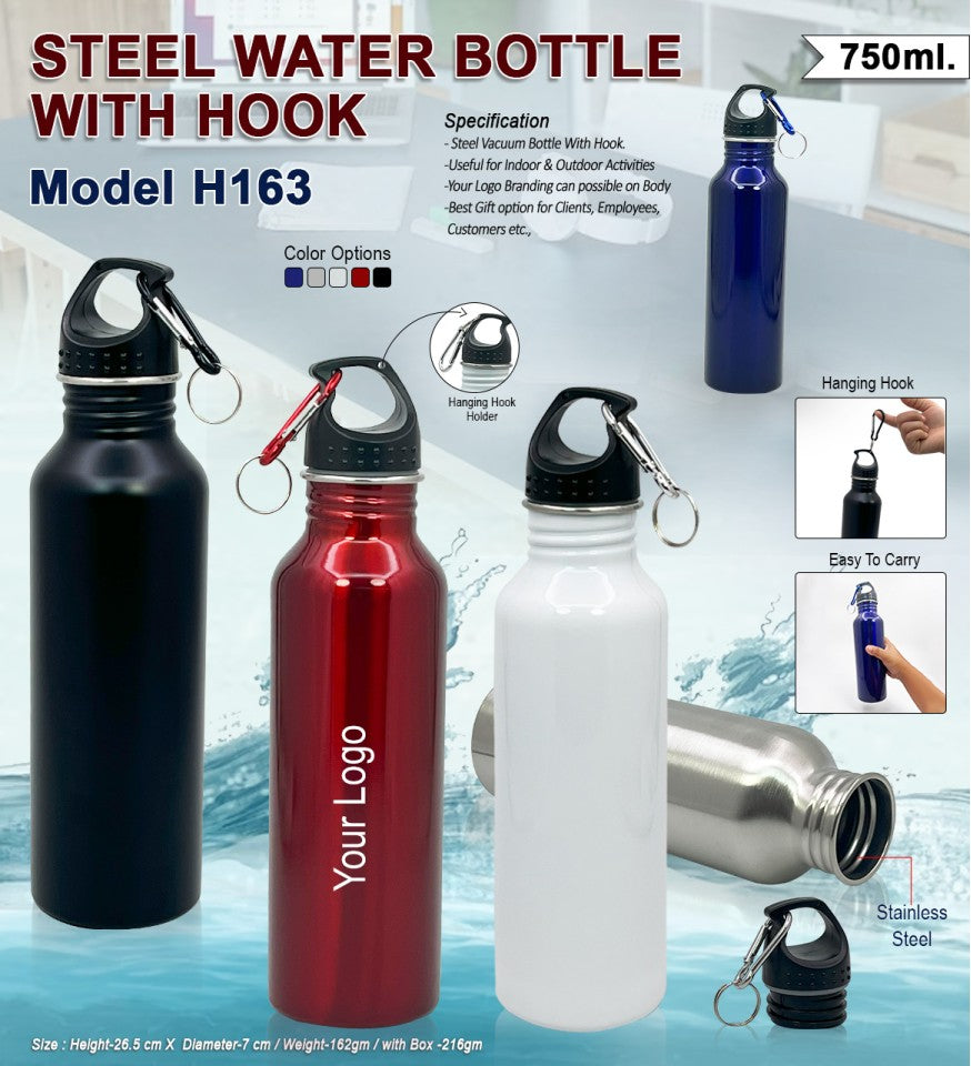 Steel Water Bottle with Hook – 750ml