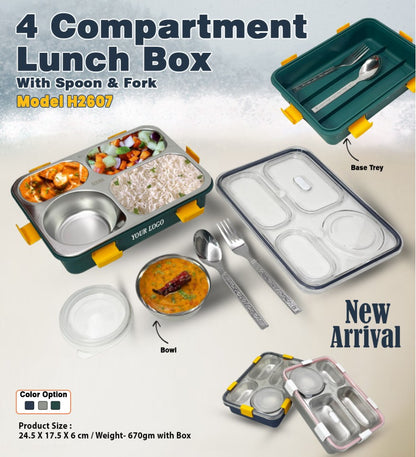 4 Compartment Lunch Box with Spoon & Fork